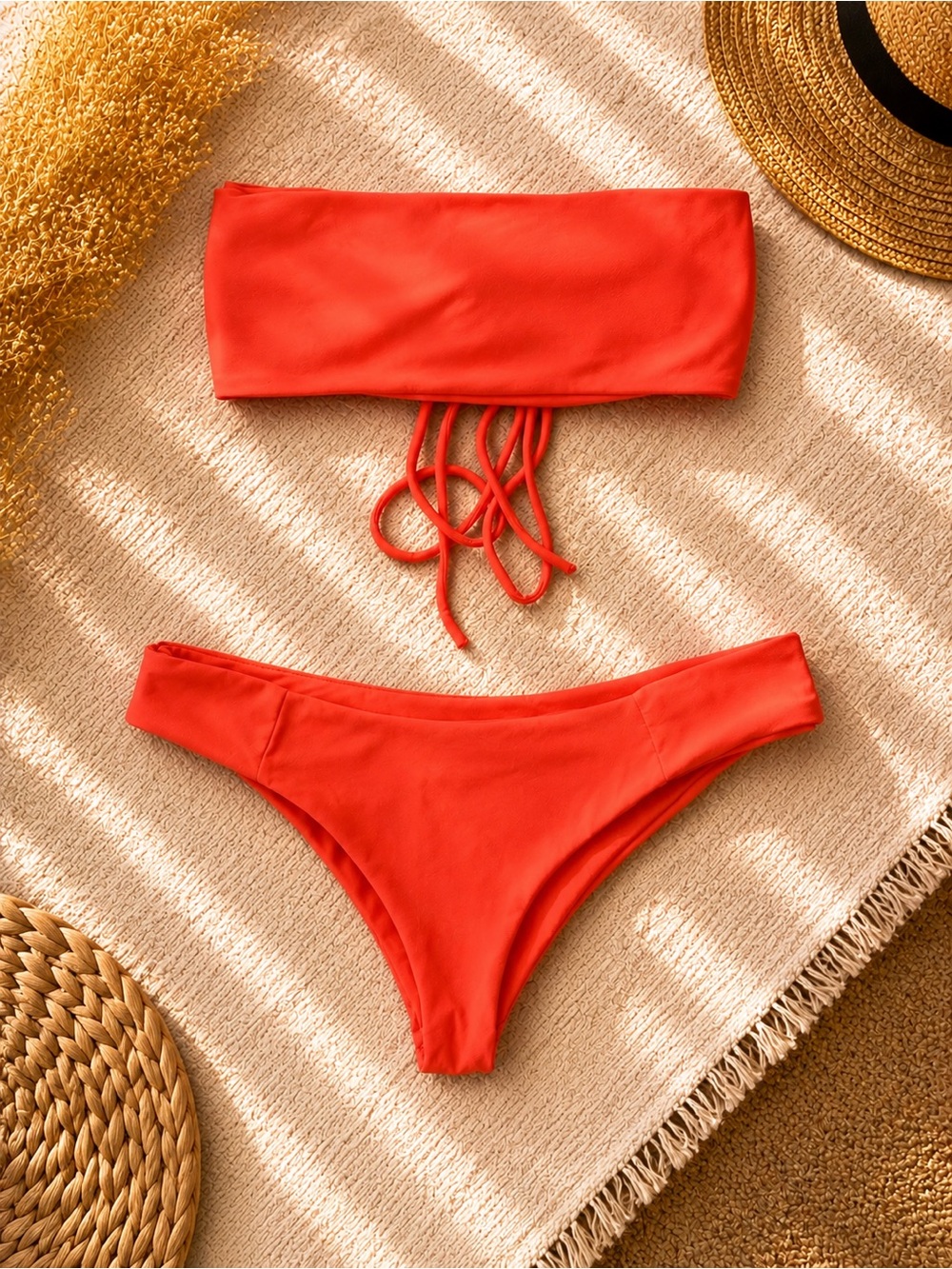 bright coral bandeau bikini set